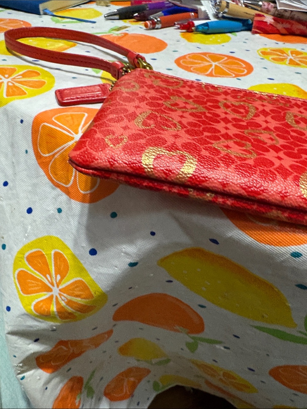 Coach Red Wristlet with Gold Heart Print - Picture 9 of 16